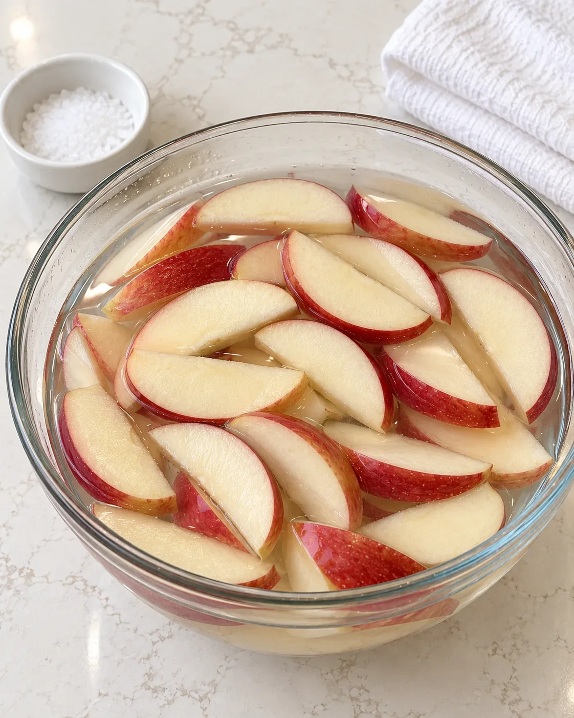 Red apple wedges soaking in a bowl of clear salt water before they are rinsed and dried for snack boxes.