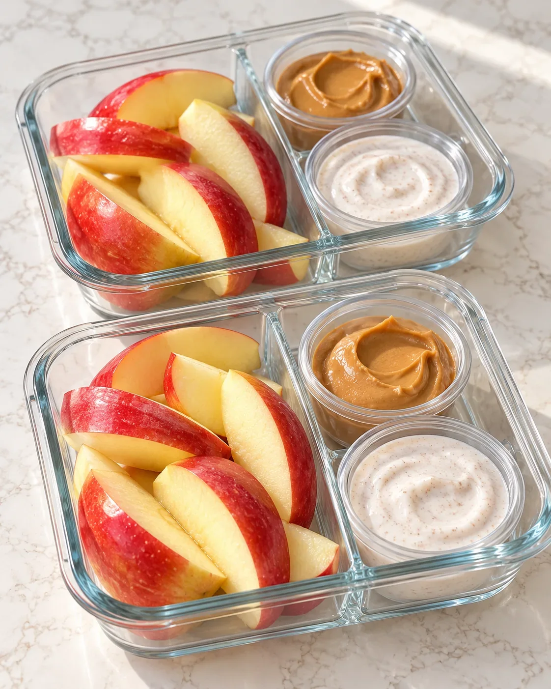 Two divided apple peanut butter snack boxes with apple wedges and separate cups of peanut butter and cinnamon yogurt dip.