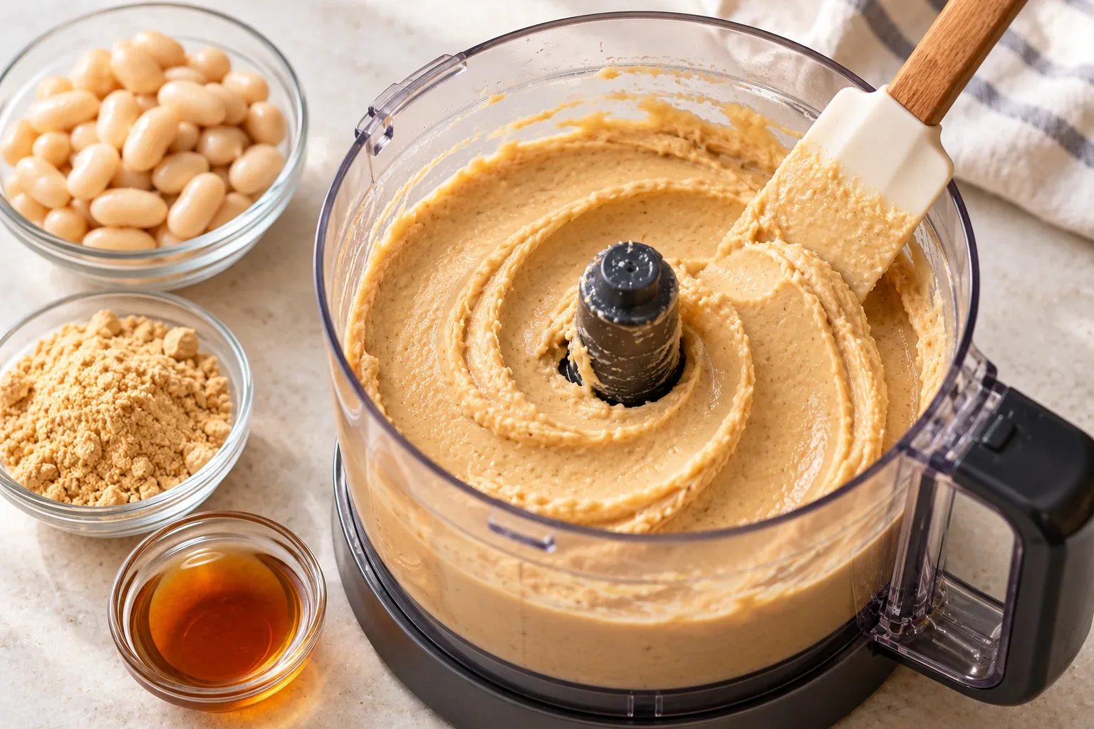 Smooth blended Beanut Butter in a food processor with a spatula.