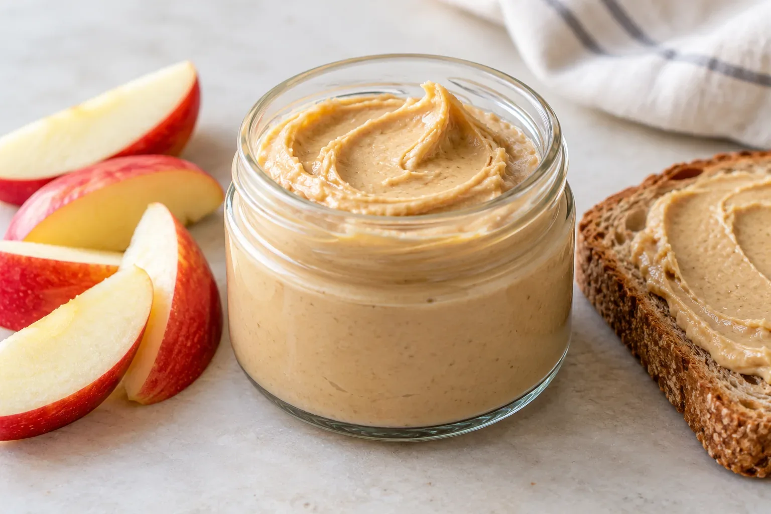 A glass jar of creamy Beanut Butter with apple wedges and toast nearby.