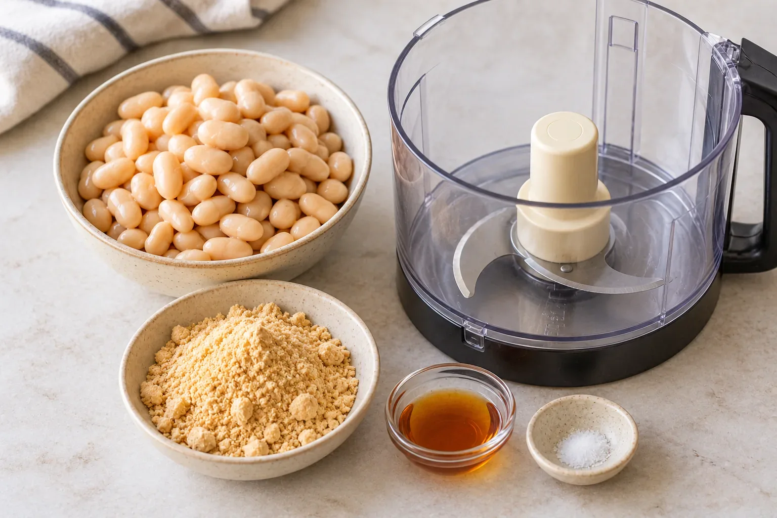 Rinsed white beans, powdered peanut butter, maple syrup, and salt beside a food processor.