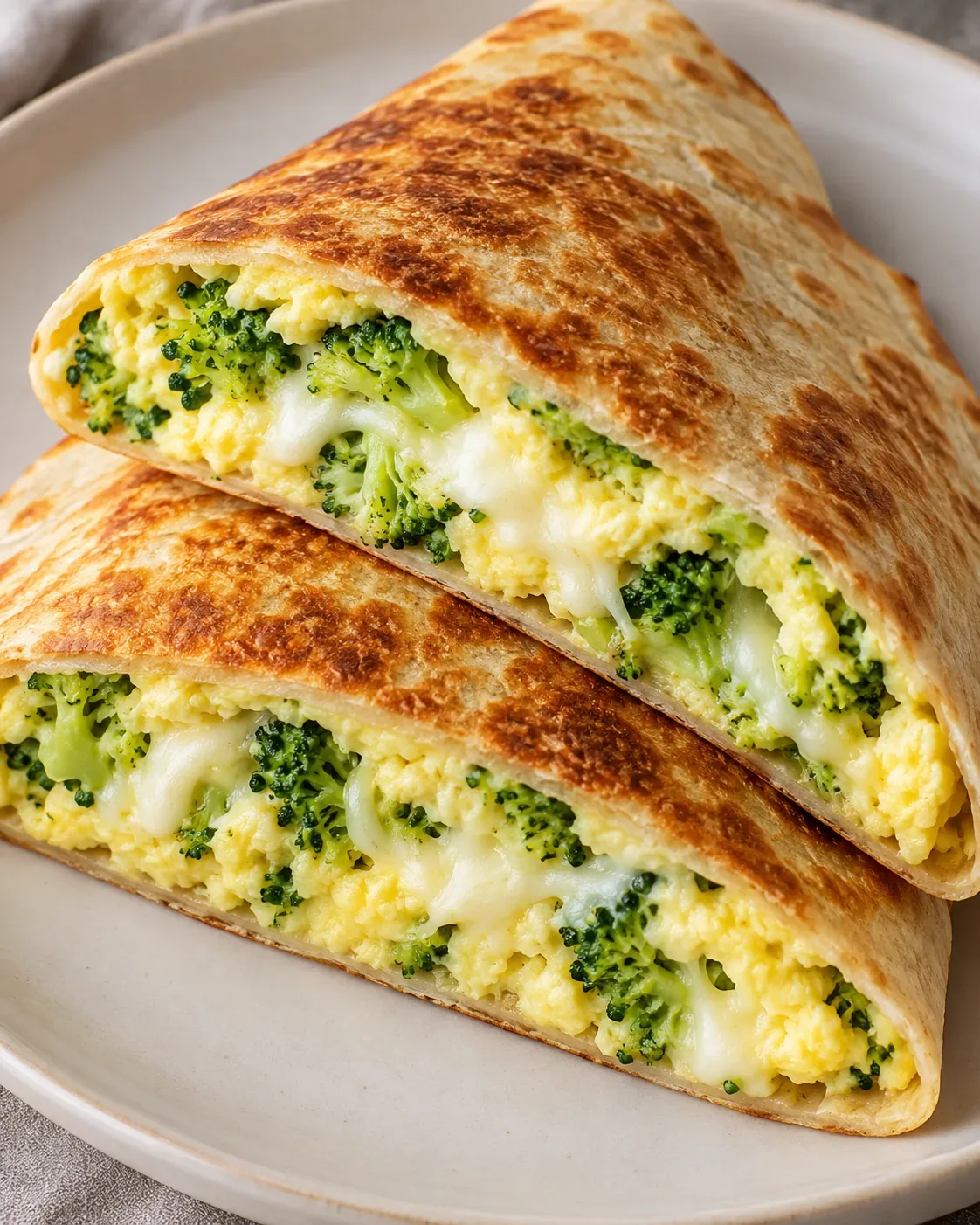 Broccoli egg tortilla fold sliced open with cooked egg, chopped broccoli, and melted white mozzarella inside a golden tortilla.