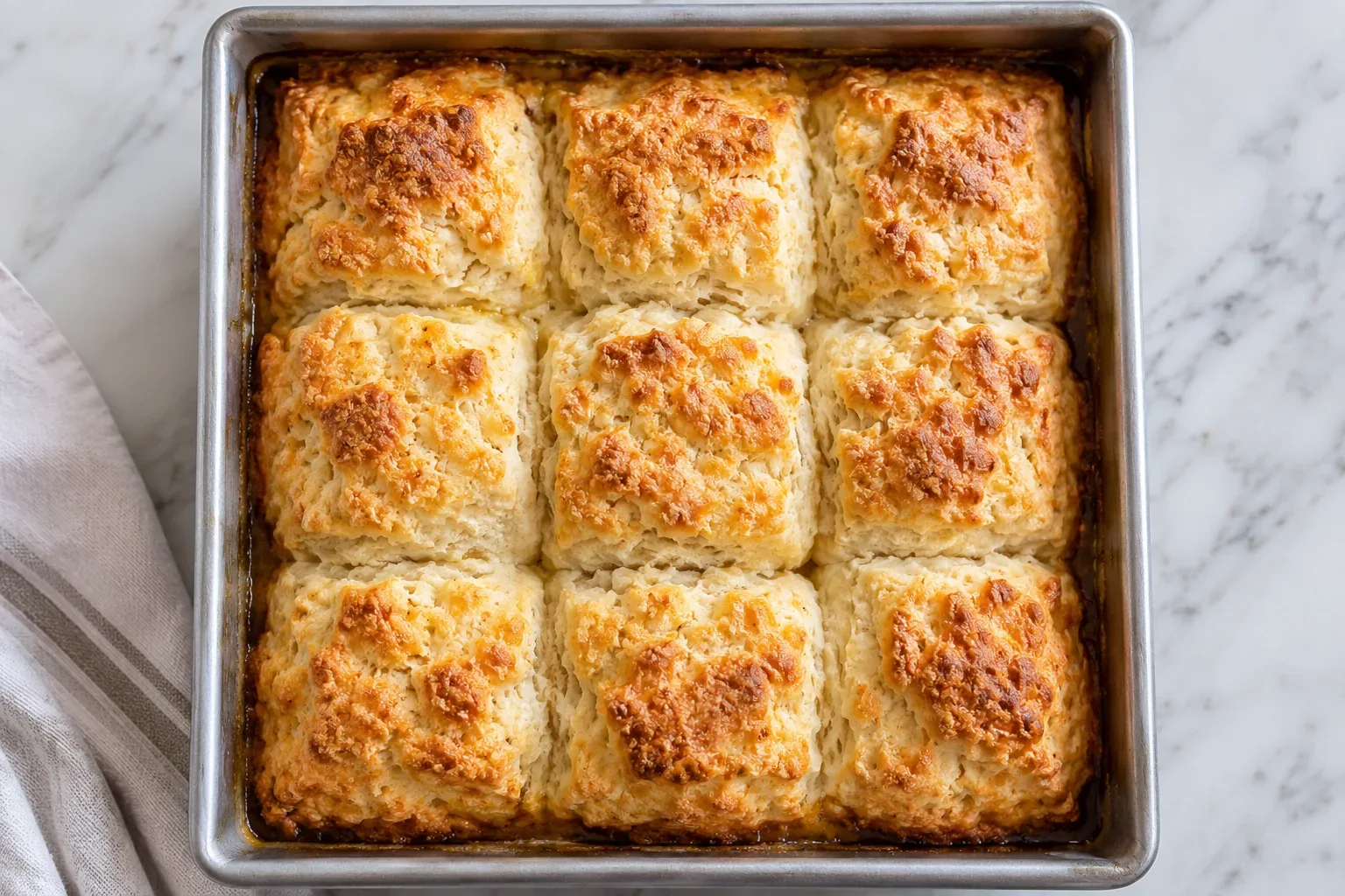 Nine golden butter swim biscuits in a square metal pan