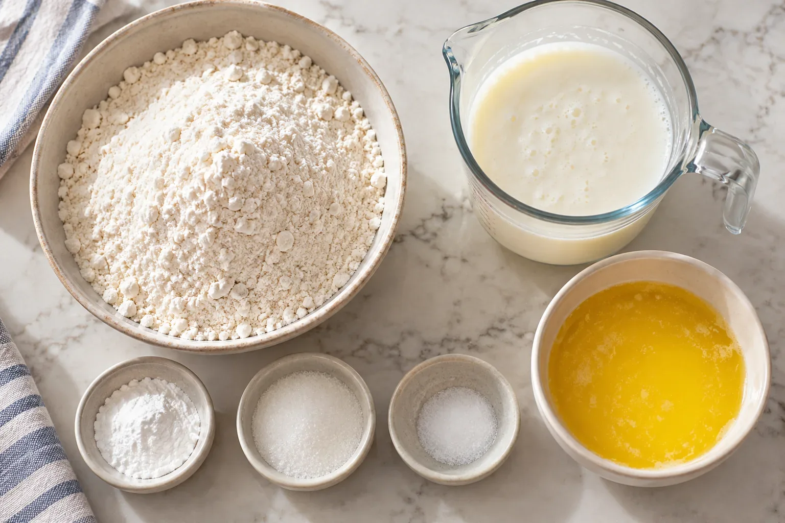 Flour, buttermilk, melted butter, baking powder, sugar, and salt for butter swim biscuits