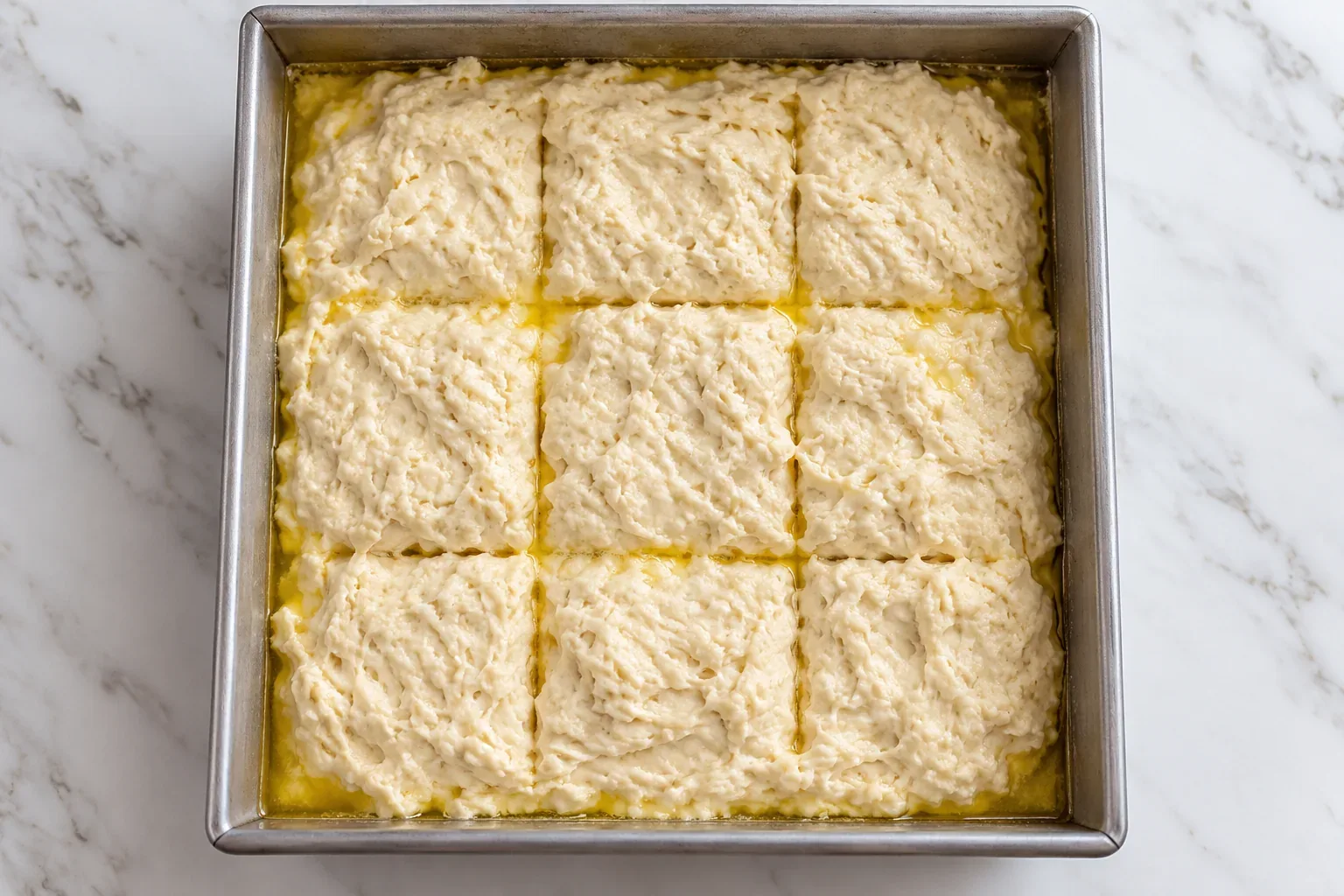 Raw butter swim biscuit dough scored into nine squares with butter around the edges