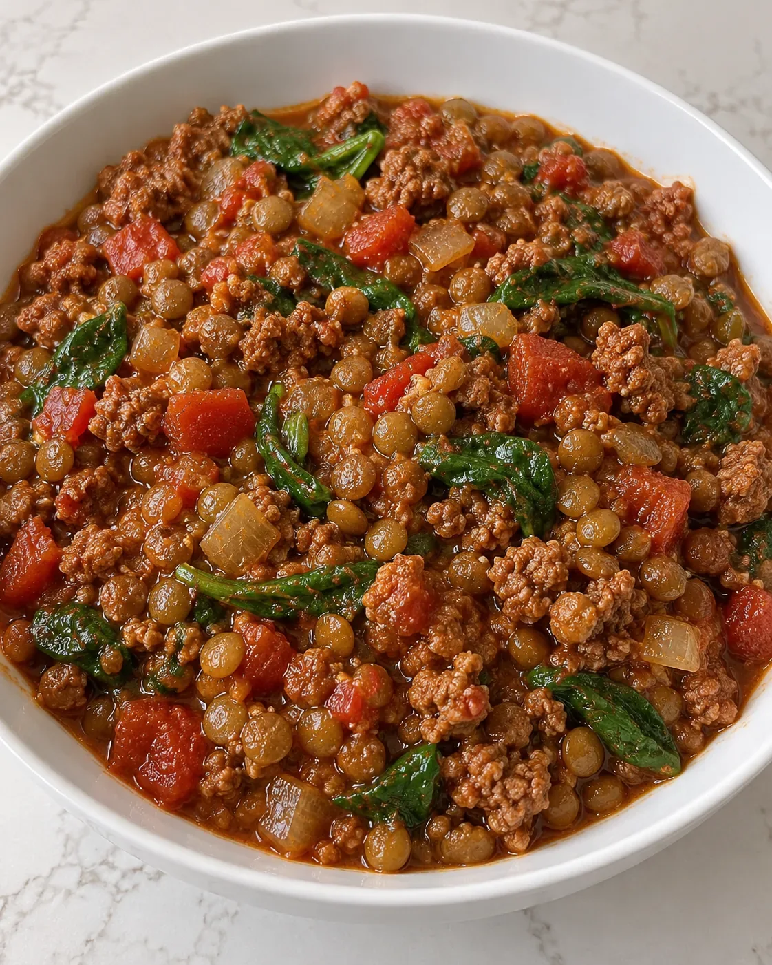 Calabrian beef and whole lentils with tomatoes and wilted spinach in a shallow white bowl.