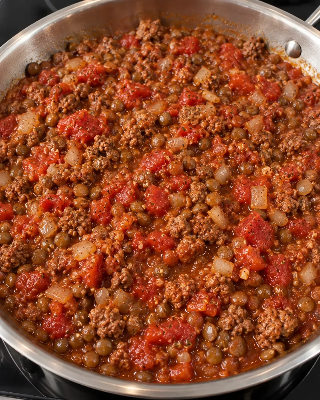 Ground beef and whole lentils simmering with diced tomatoes before spinach is added.
