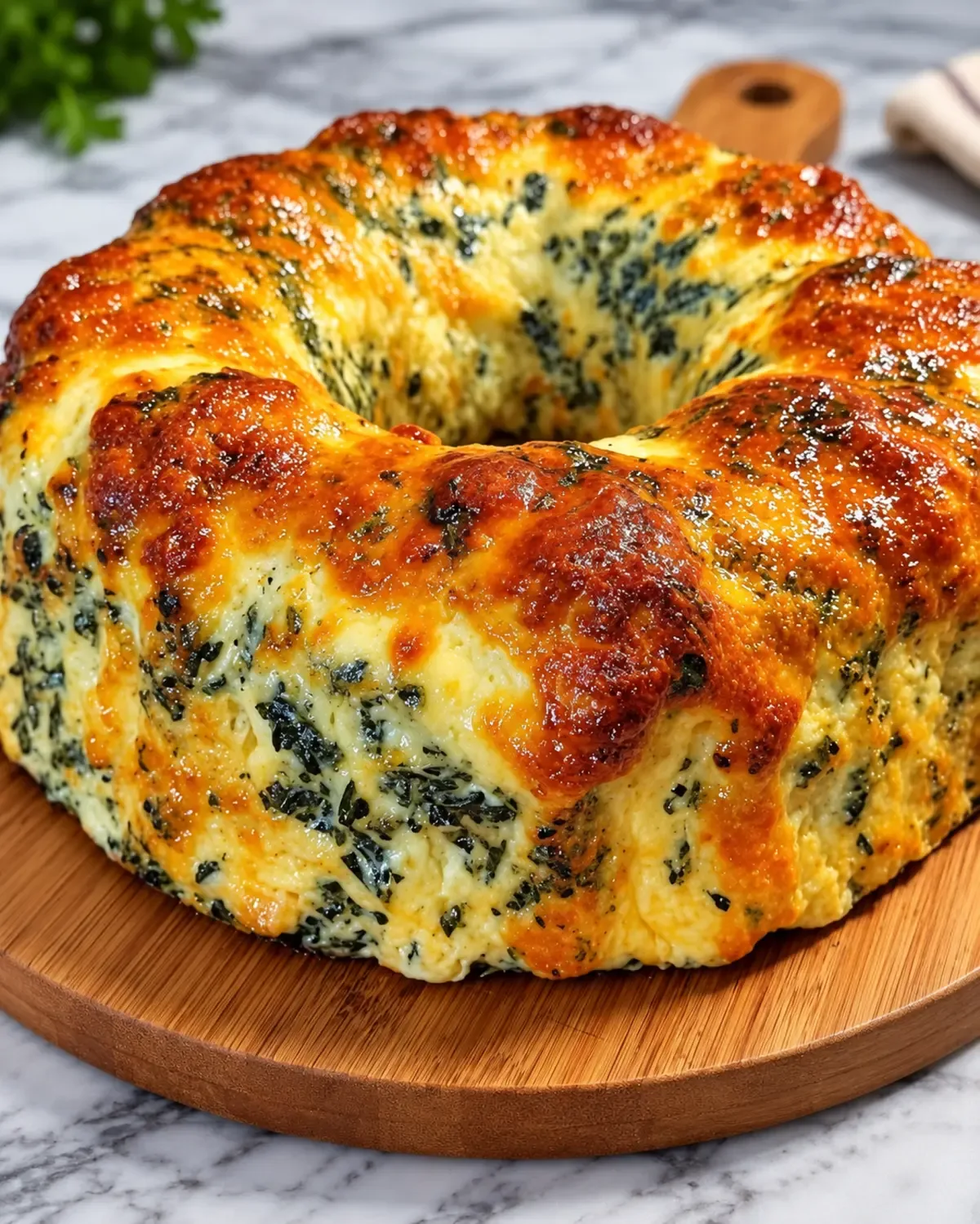A golden baked spinach and ricotta savory ring with melted cheese on top.
