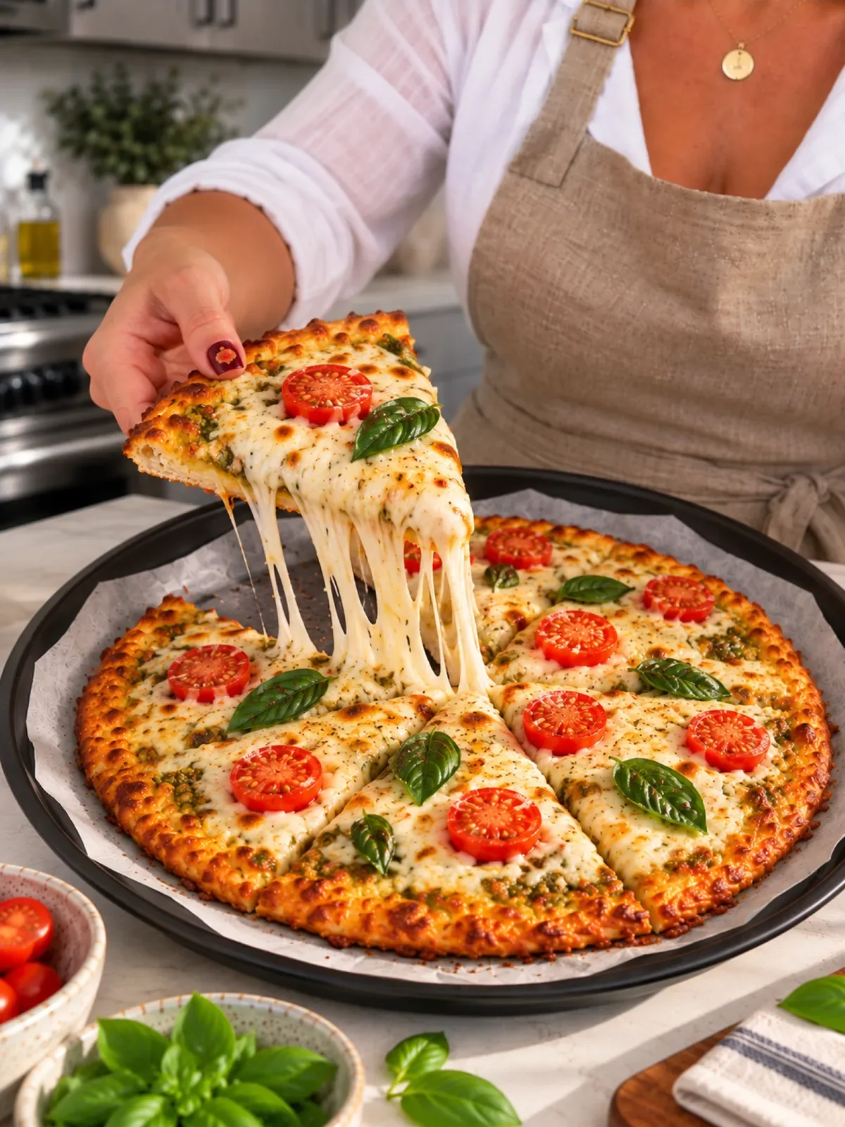 A slice of cottage cheese pizza with melted mozzarella, cherry tomatoes, pesto, and fresh basil.