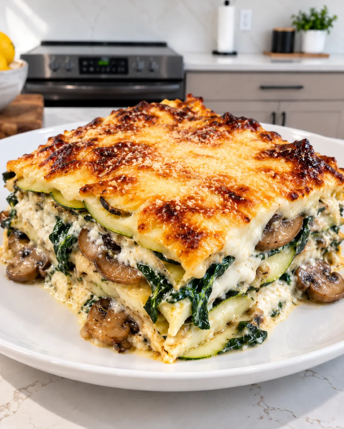 Cottage cheese zucchini lasagna with mushrooms, spinach, melted mozzarella, and a golden Parmesan topping.