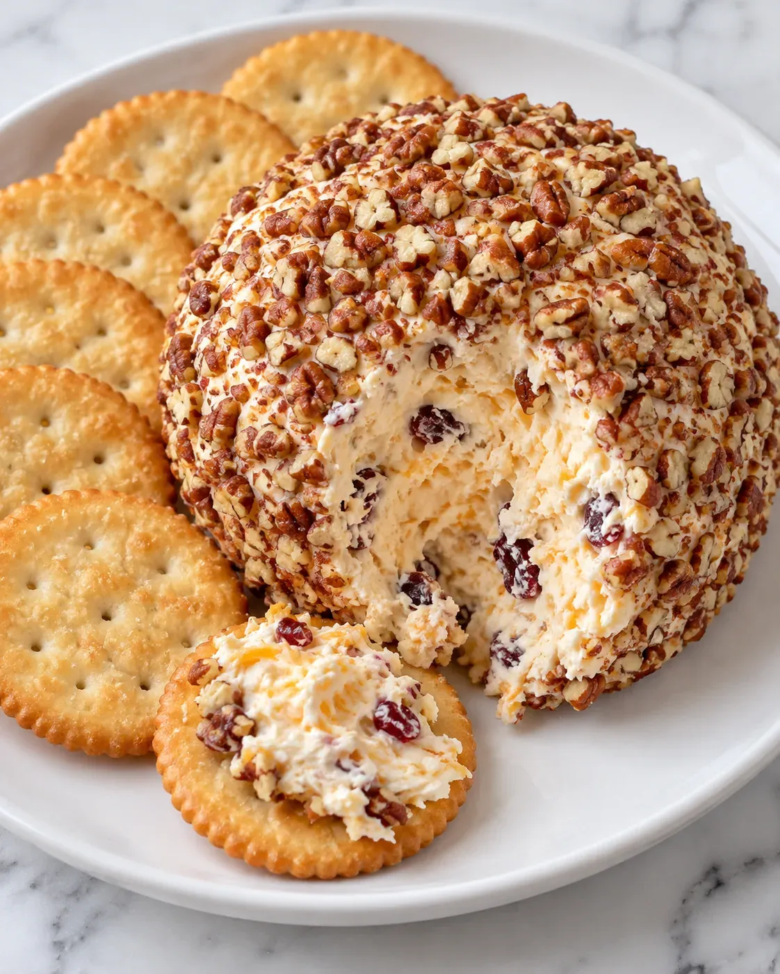 Pecan-coated cranberry cheese ball with a portion spread on a cracker.