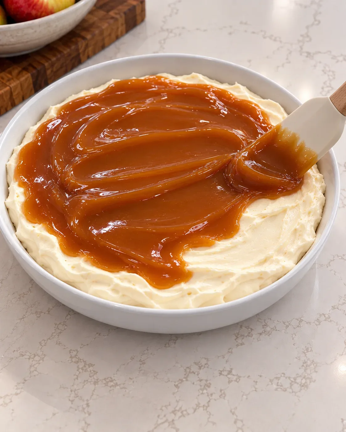 Thick caramel being spread over the cream cheese base in a shallow white dish.