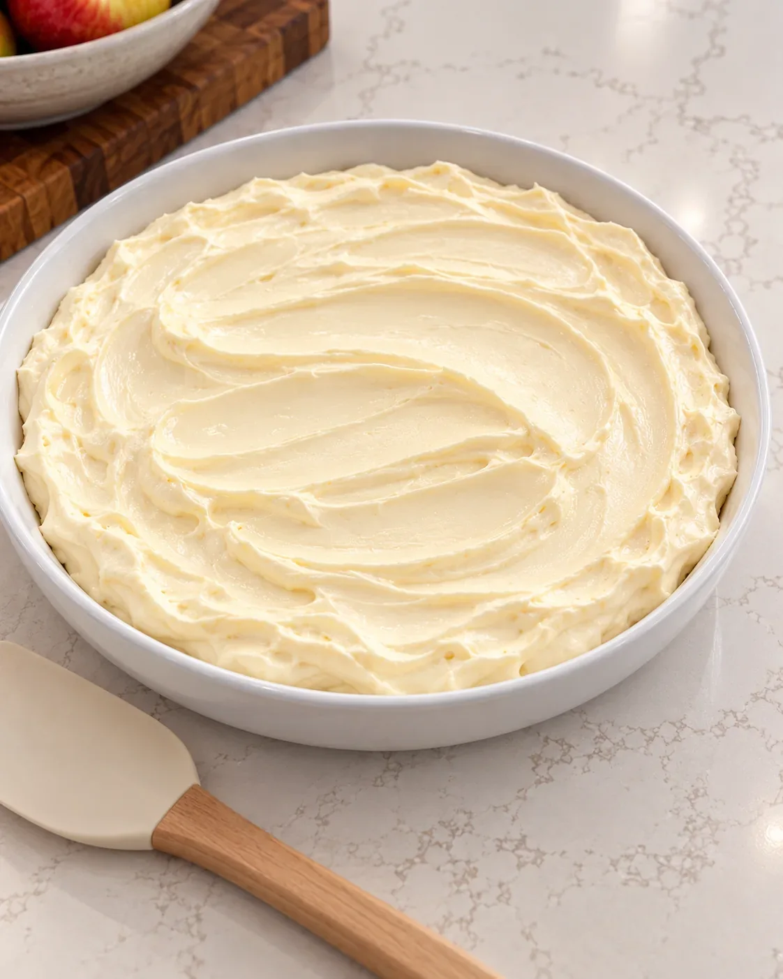 Smooth cream cheese mixture spread in a shallow white dish before caramel is added.