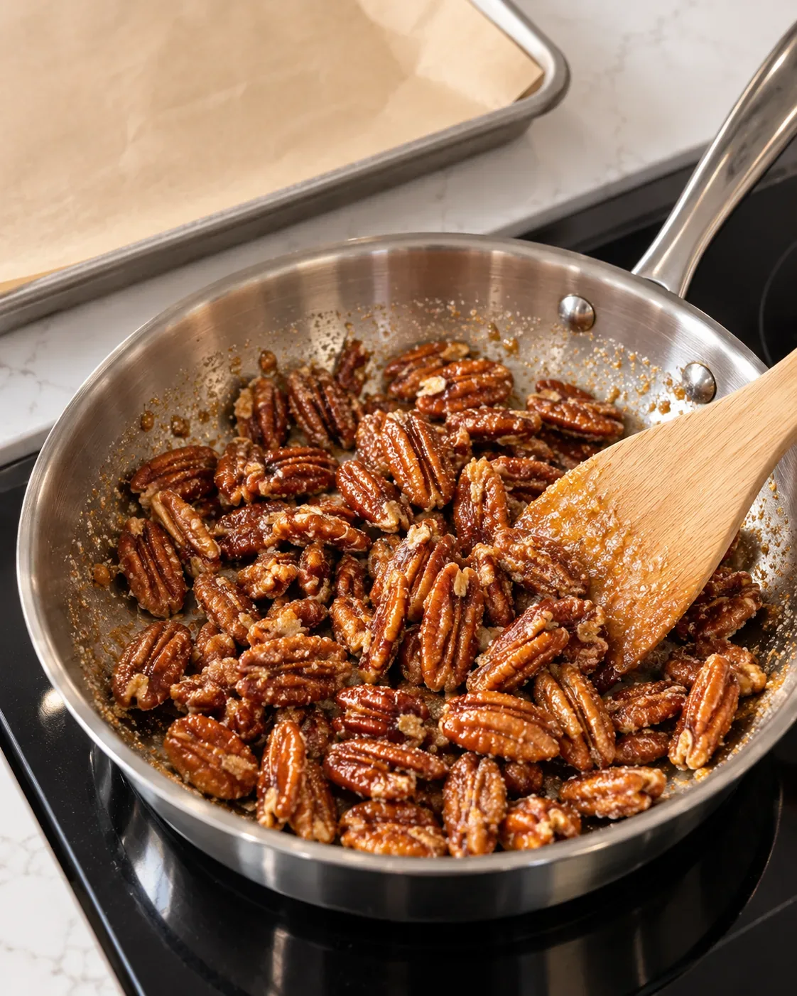 Pecan halves coated with cinnamon sugar in a skillet as they cook.