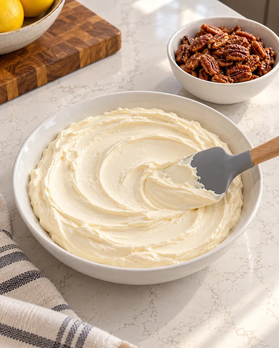 Smooth cream cheese dip in a white bowl with cooled candied pecans held separately for topping.
