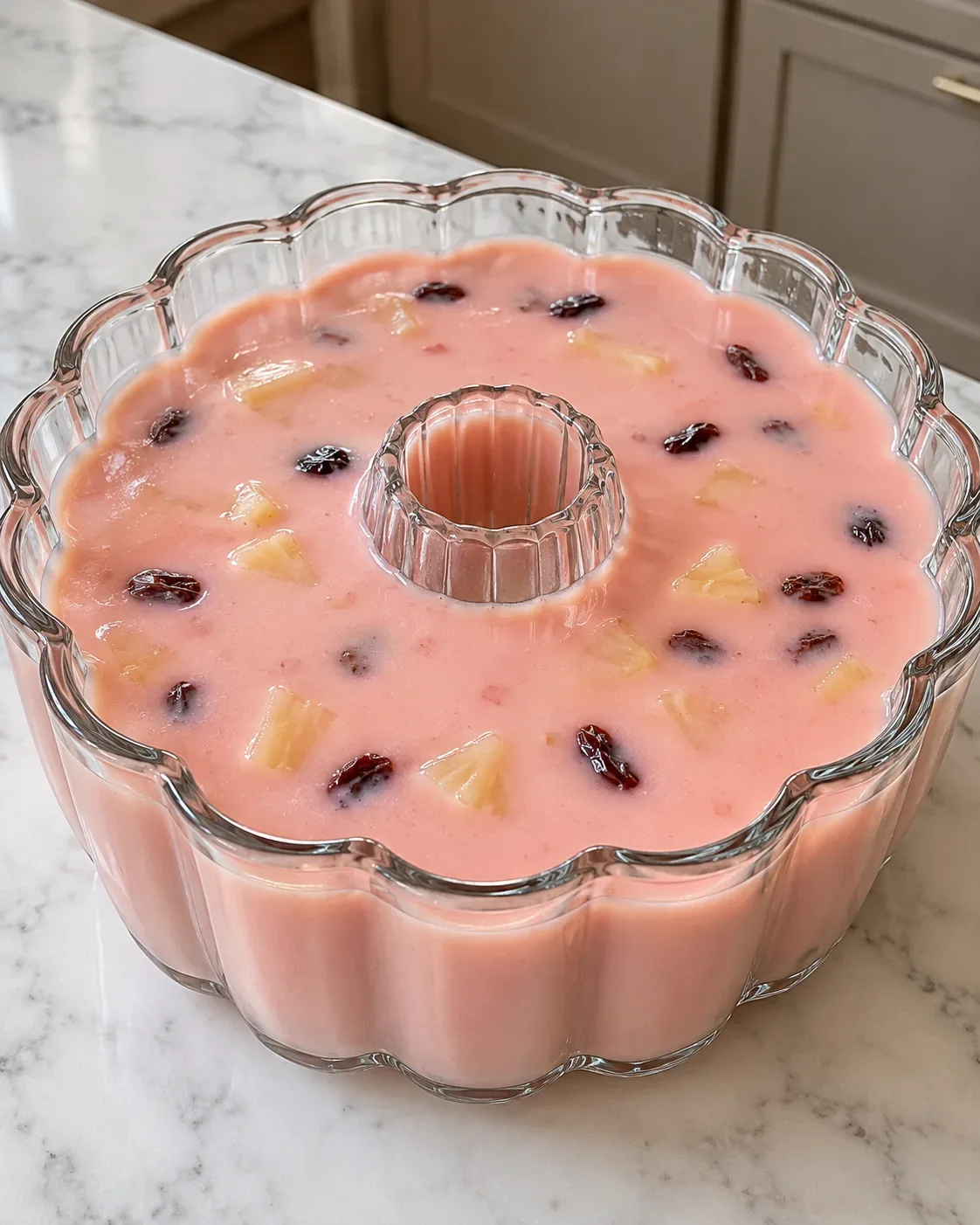 Pineapple tidbits and raisins in the pink gelatin dessert mixture in a clear round ring mold before chilling.