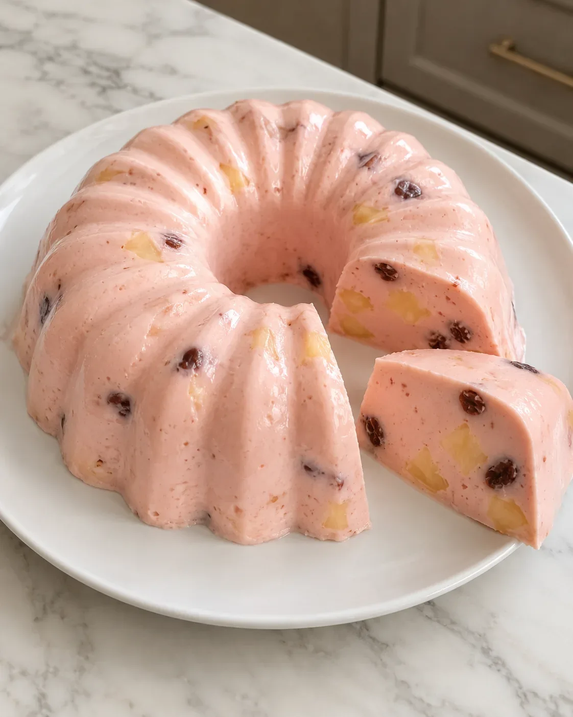 Creamy pink gelatin dessert with pineapple and raisins in a round fluted ring with one slice on a white platter.
