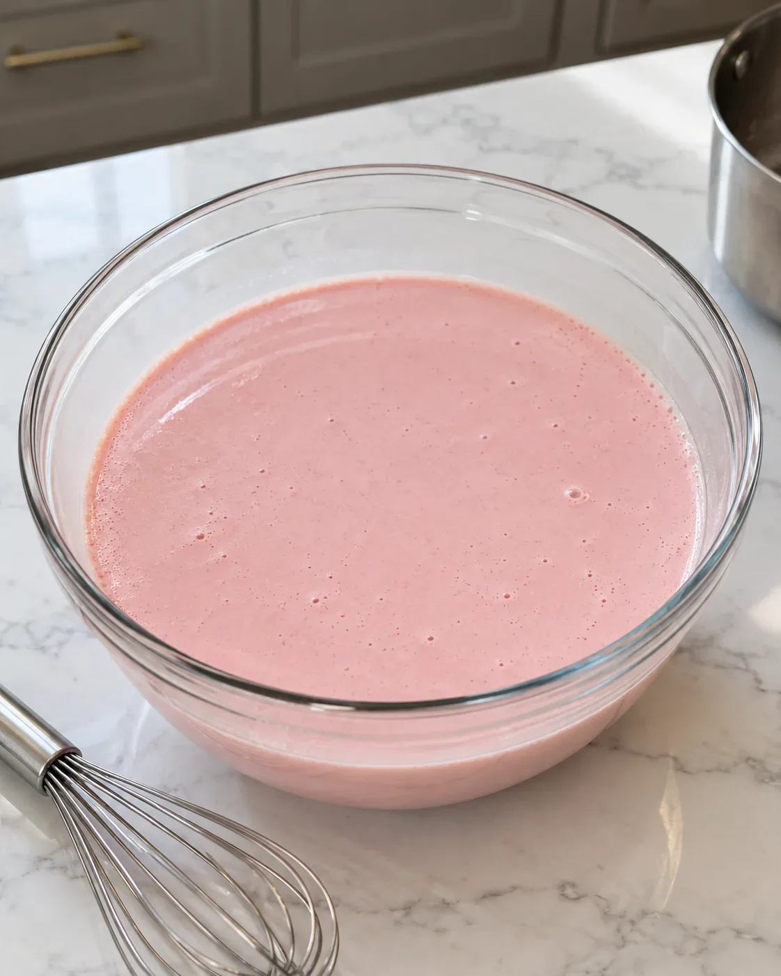 Smooth pale pink liquid base for creamy pink gelatin dessert with pineapple and raisins before fruit is added.