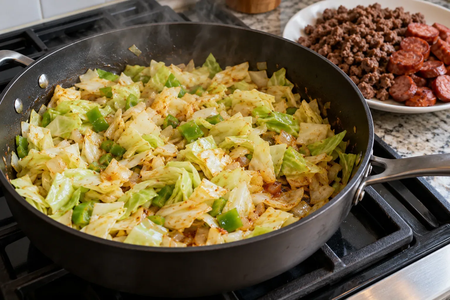 Chopped cabbage wilting in a skillet before browned beef and sausage are returned