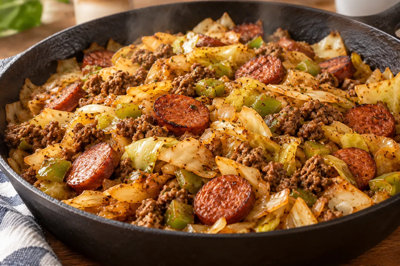 Dirty cabbage with browned ground beef and sliced beef smoked sausage in a skillet