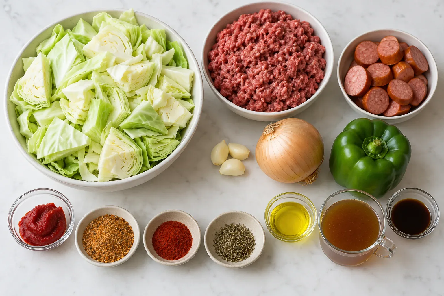 Chopped cabbage, ground beef, sliced beef smoked sausage, bell pepper, onion, and seasonings for dirty cabbage