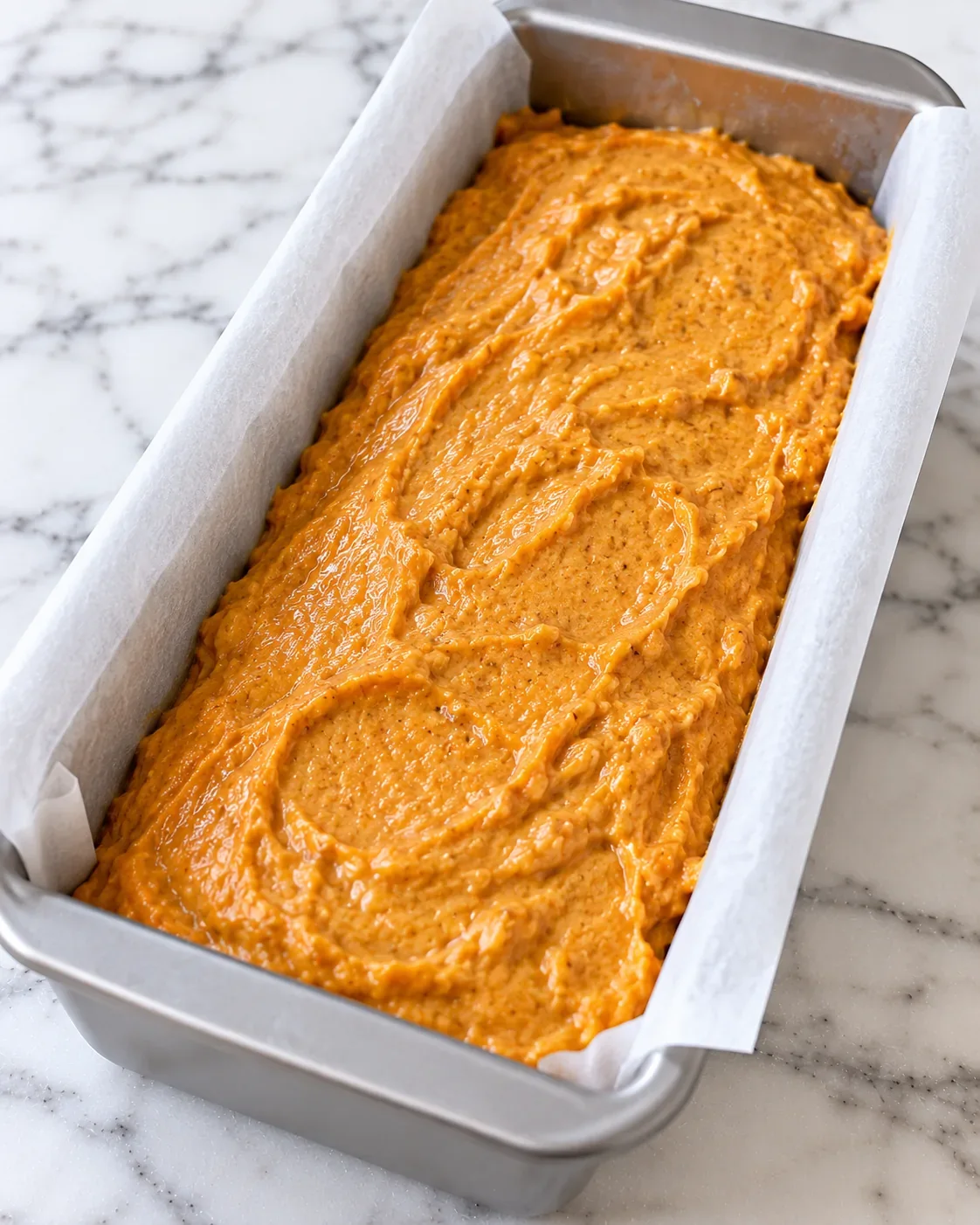 Thick orange pumpkin-banana batter in a parchment-lined metal loaf pan with spatula marks before baking.