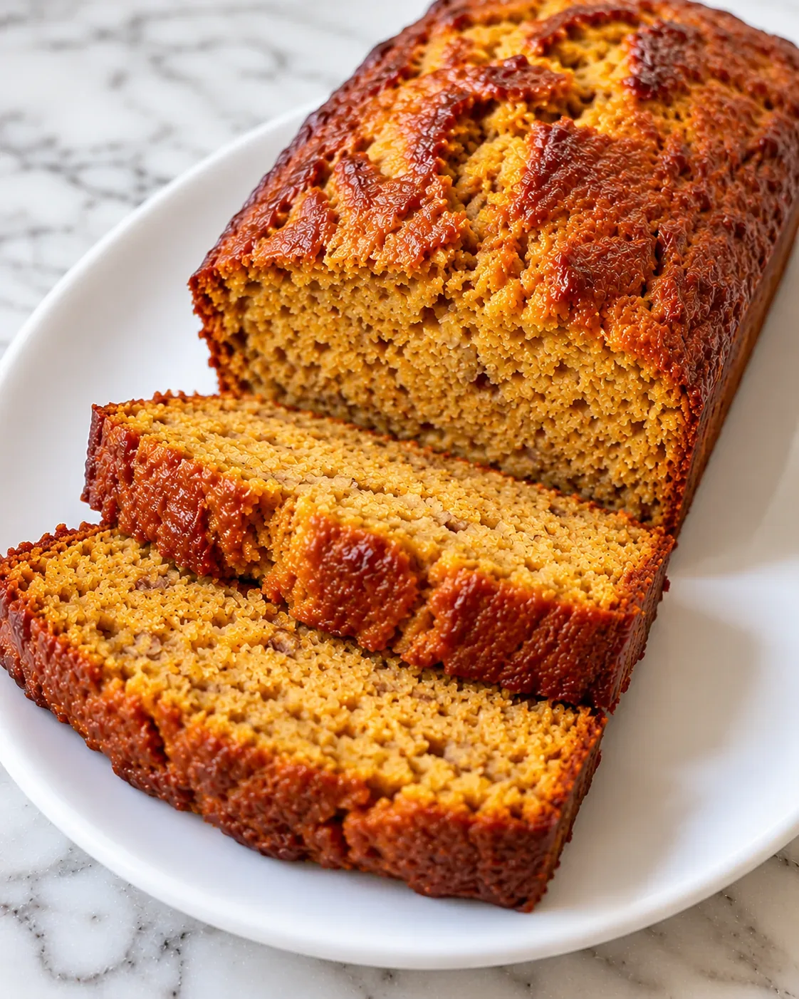 Golden-brown flourless pumpkin-banana cottage cheese loaf with a moist sliced interior on a white plate.