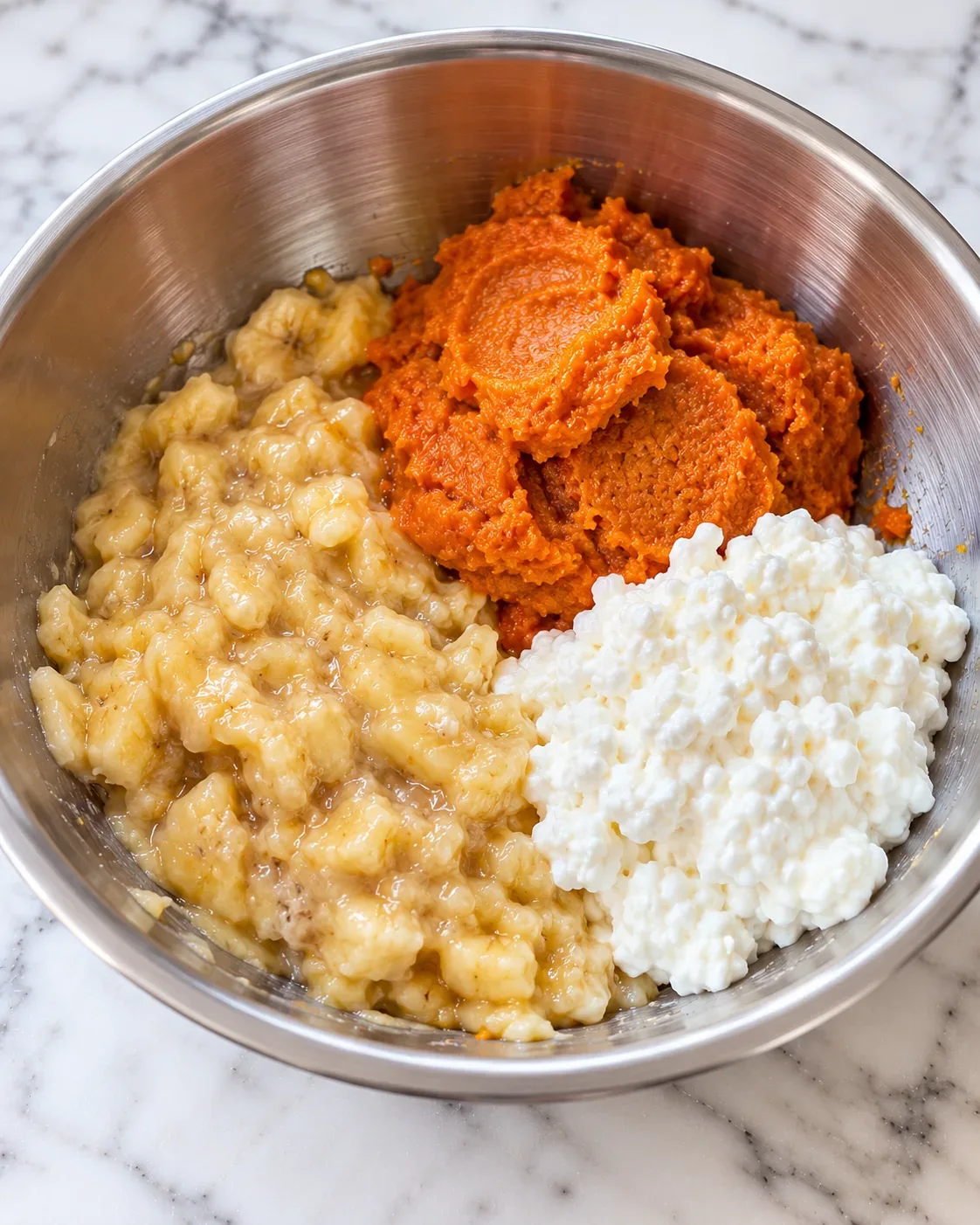 Mashed ripe banana, orange pumpkin puree, and white cottage cheese in a stainless-steel mixing bowl before blending.