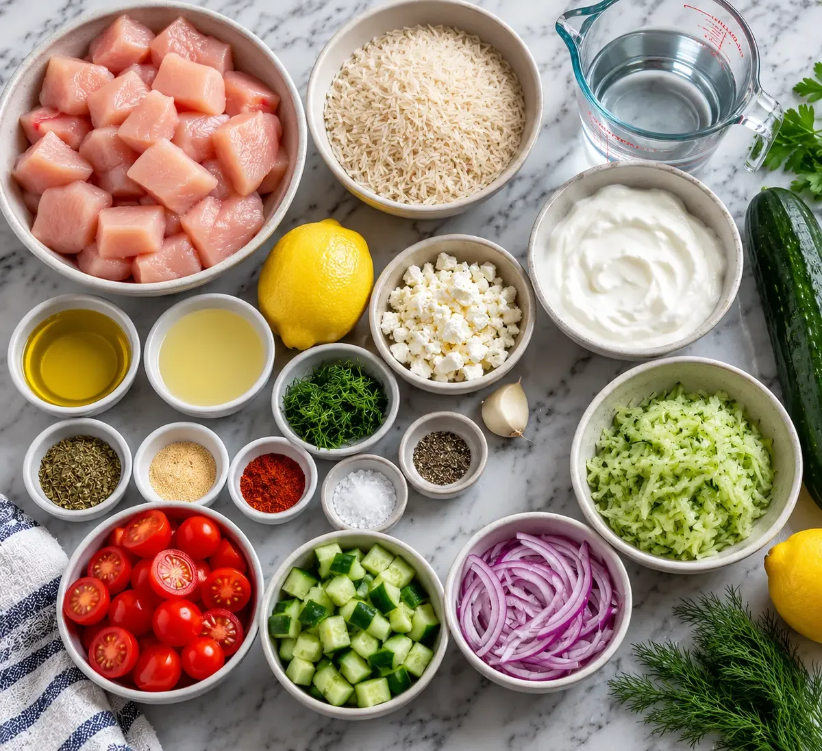 Chicken breast pieces, rice, Greek yogurt, cucumber, tomatoes, feta, lemon, red onion, herbs, and seasonings arranged for Greek chicken bowls.