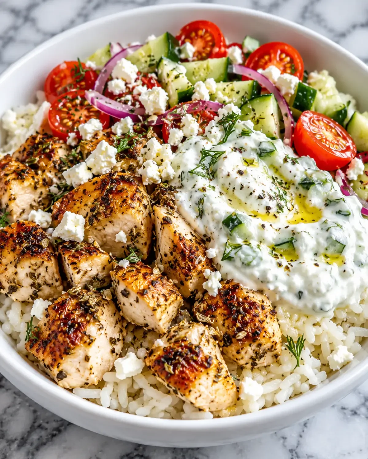 Greek chicken tzatziki bowl with rice, cucumber, tomatoes, red onion, crumbled feta, and creamy yogurt sauce.