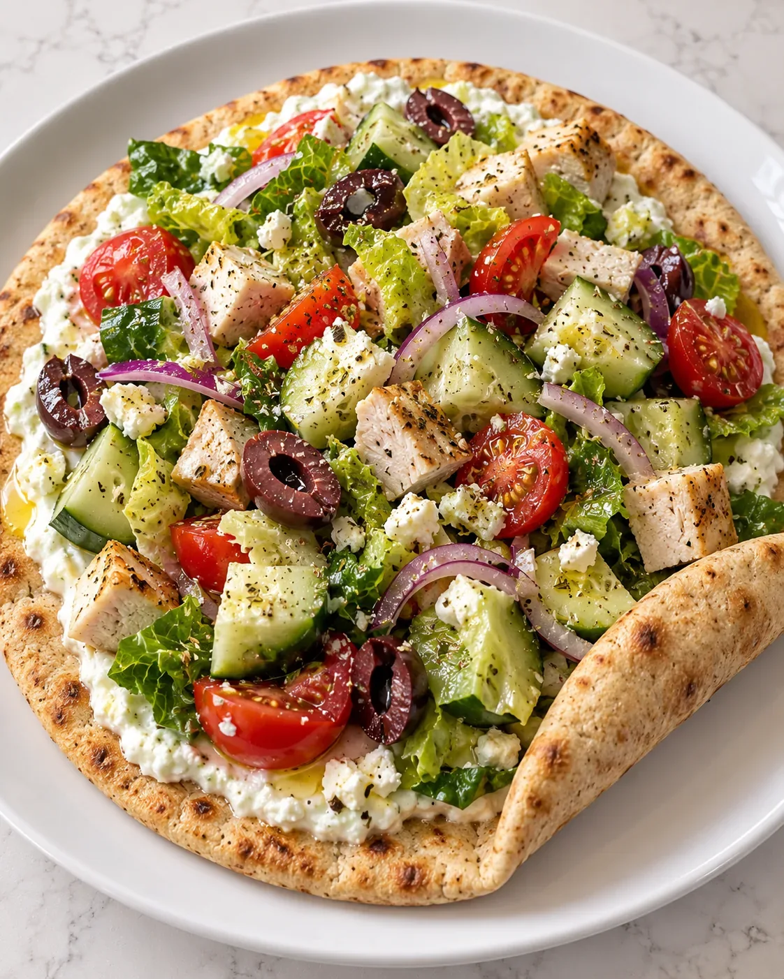 Greek Salad Cottage Cheese Flatbread topped with chicken, romaine, tomatoes, cucumber, red onion, and Kalamata olives on a white plate