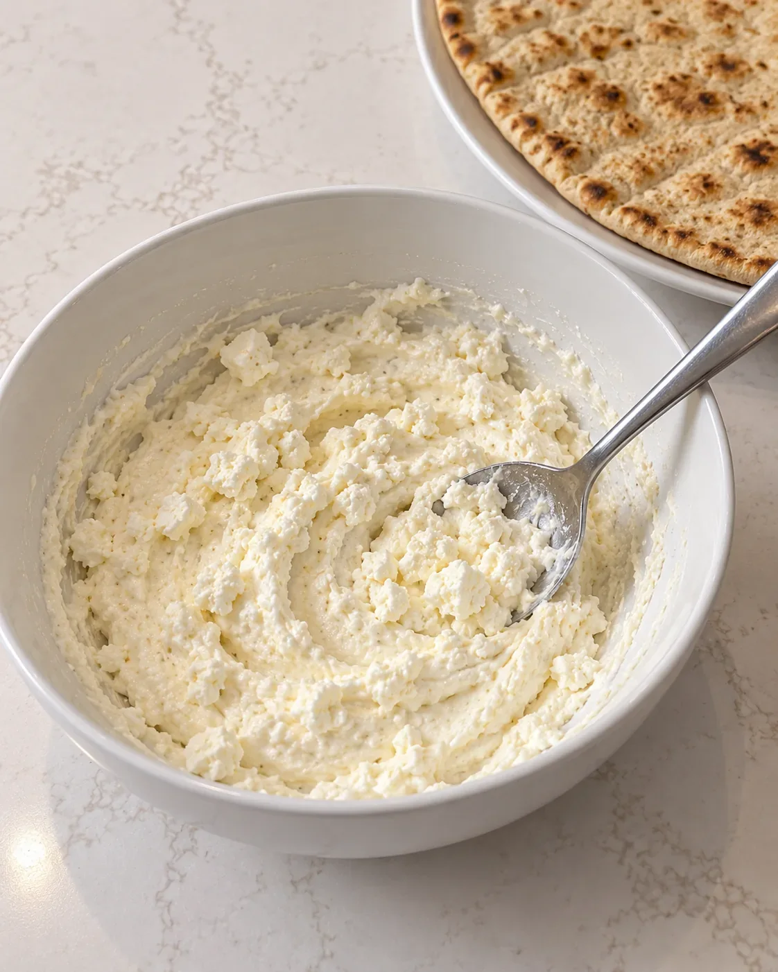 Smooth cottage cheese and crumbled feta being mixed in a white bowl beside an untopped flatbread