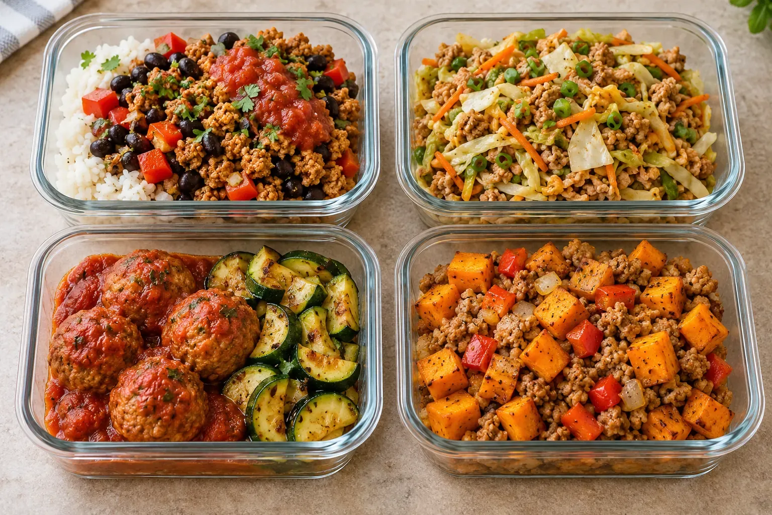 Four ground turkey meal prep lunches with rice and beans, cabbage, meatballs and zucchini, and sweet potato hash
