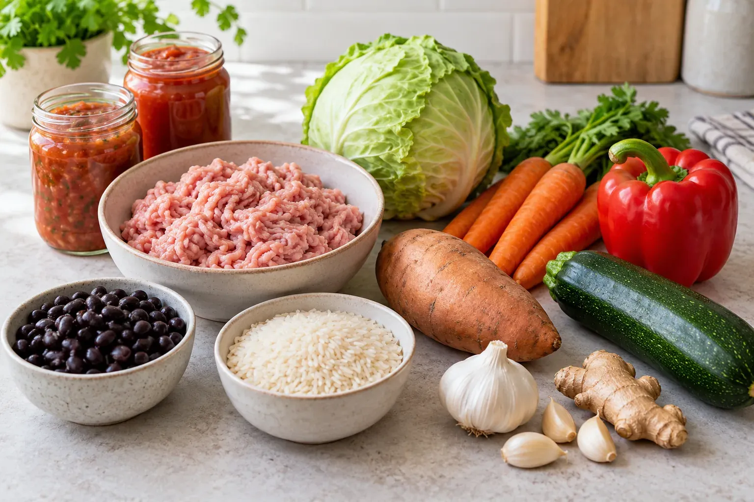 Ground turkey meal prep ingredients including turkey, beans, rice, cabbage, carrots, peppers, sweet potato, and zucchini