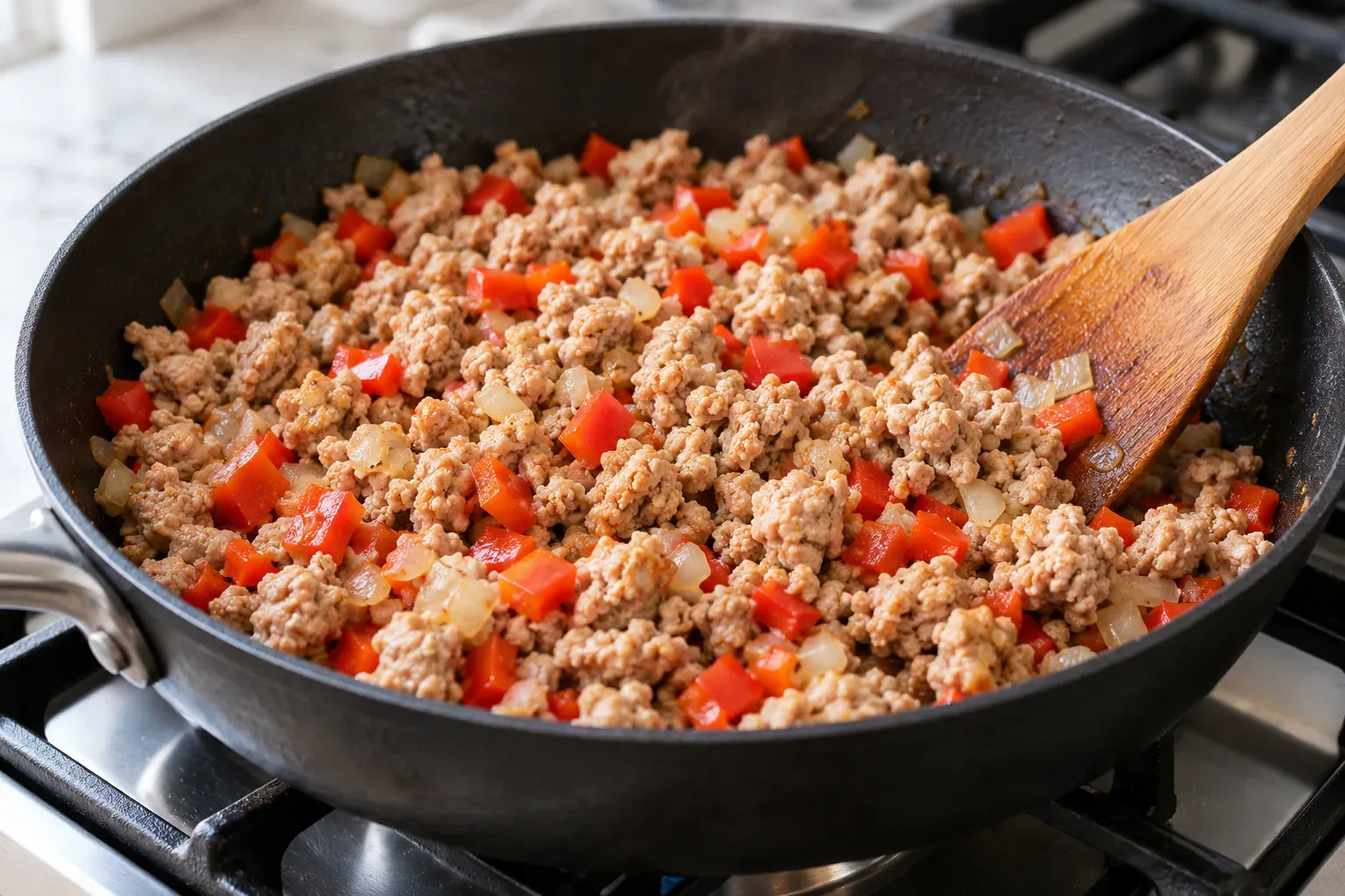 Ground turkey browning in a skillet with diced red bell pepper and onion