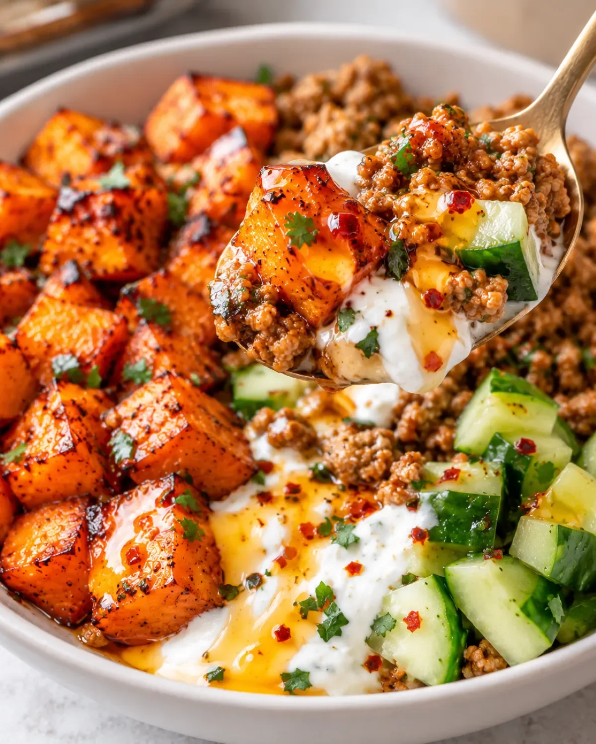 Close-up spoonful of ground turkey, roasted sweet potato, cucumber, lemon yogurt, and hot honey.