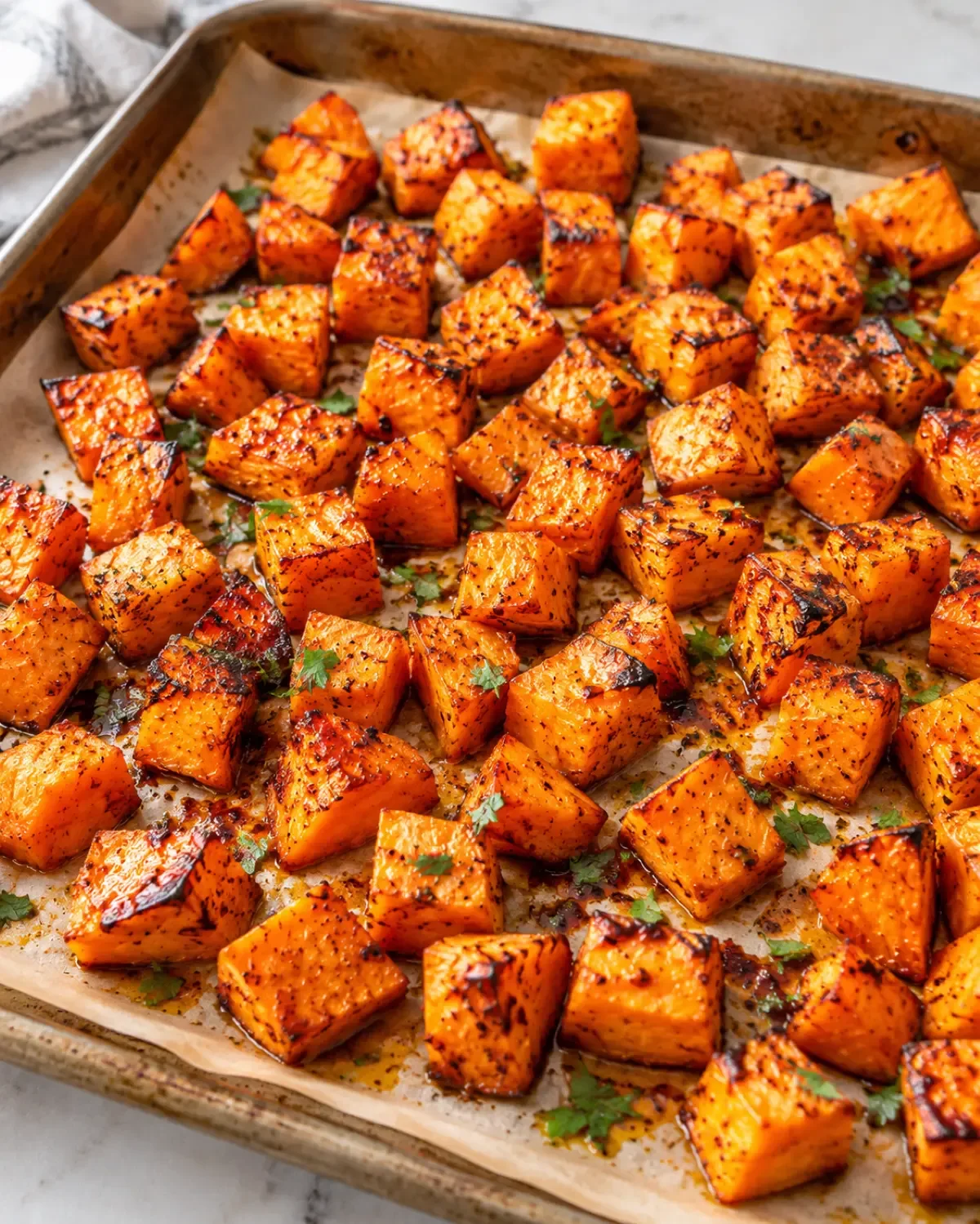 Roasted sweet potato cubes with browned caramelized edges on a baking sheet.