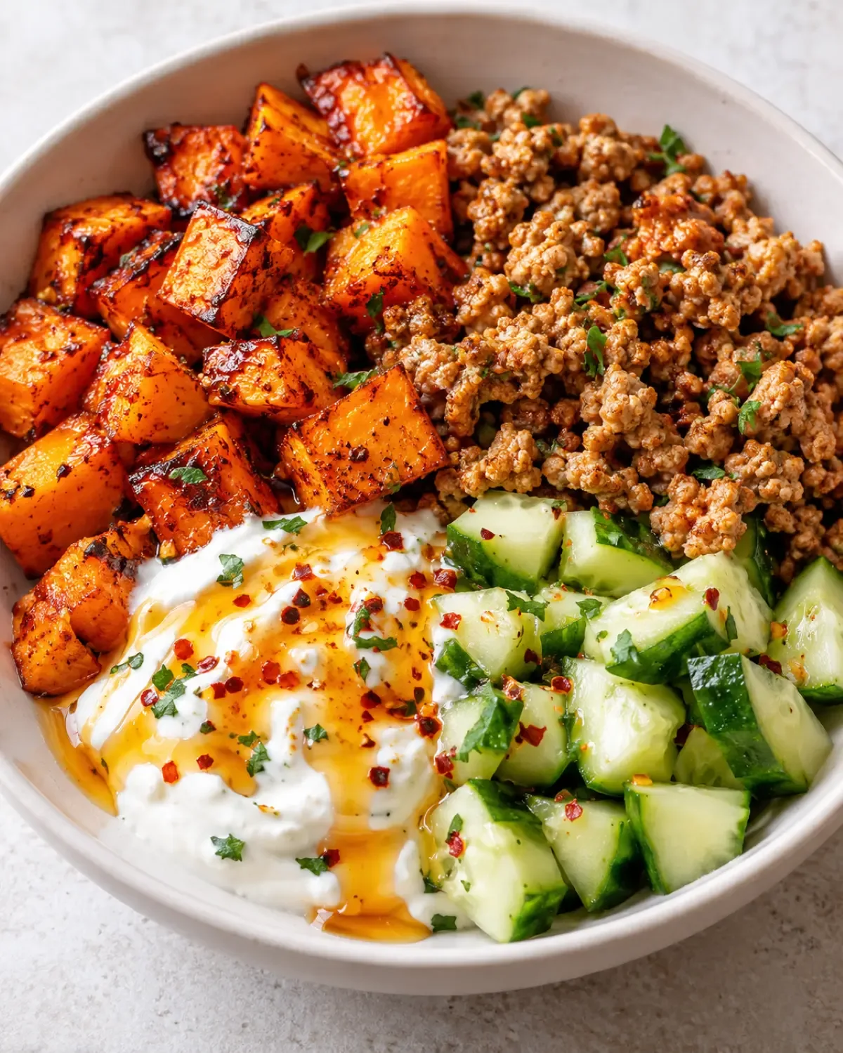 Ground turkey and roasted sweet potato cubes in a white bowl with lemon yogurt, cucumber, and hot honey.