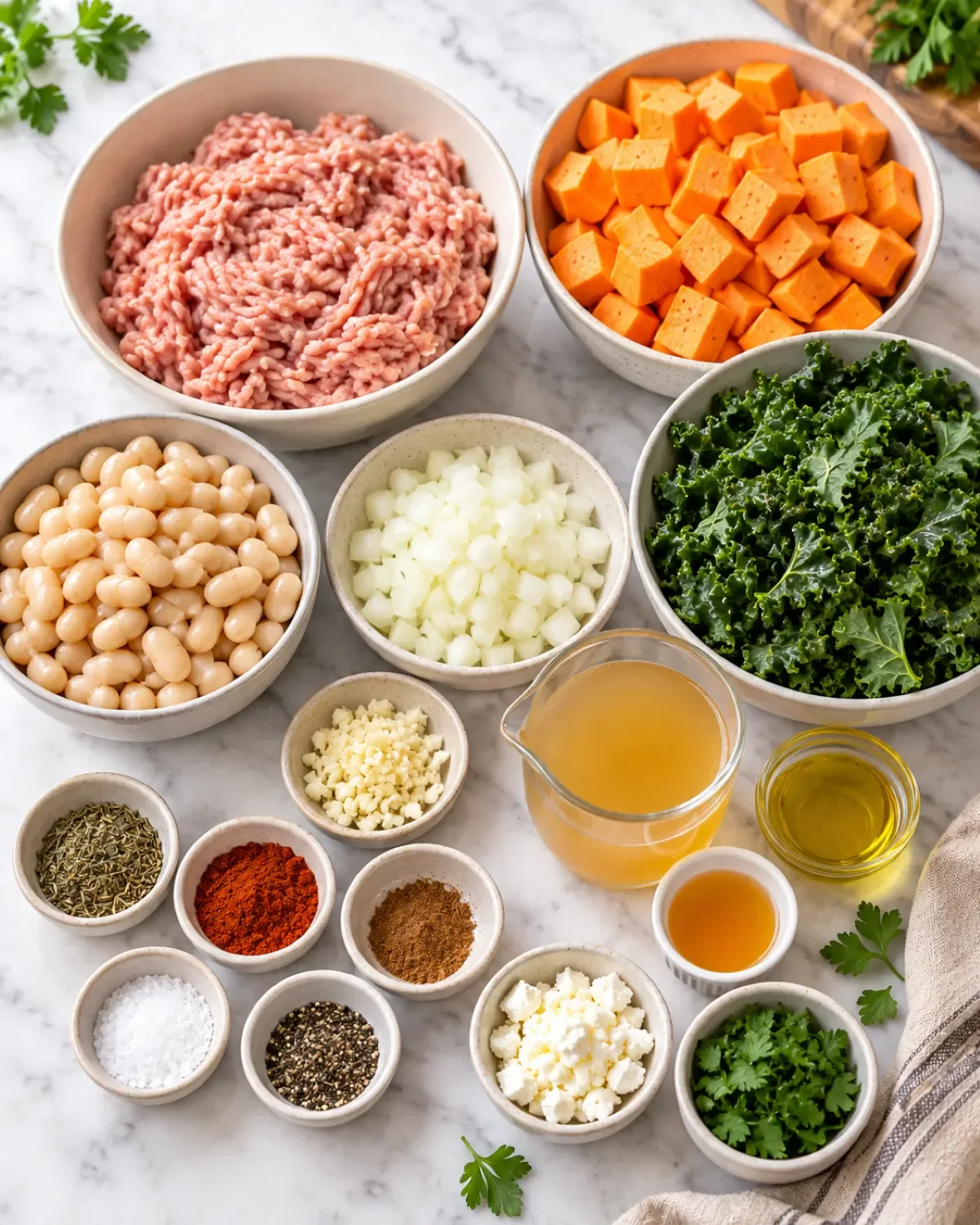 Ground turkey, sweet potato, white beans, kale, and seasonings for the skillet
