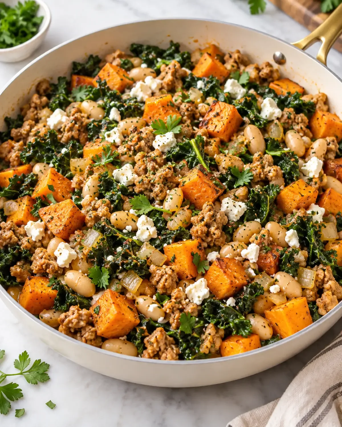 Ground turkey sweet potato white bean skillet with kale