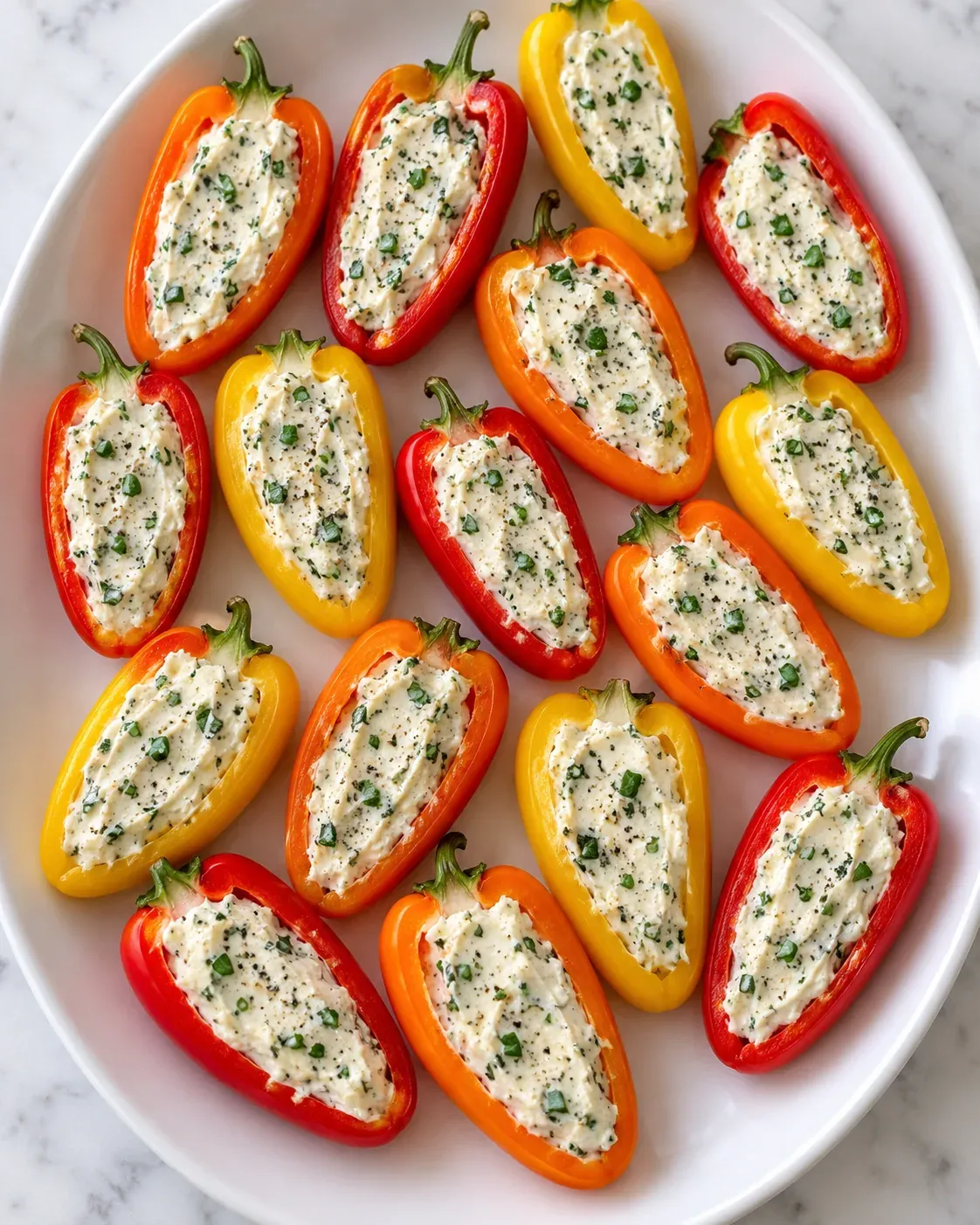 Red, orange, and yellow mini peppers filled with herbed cream cheese.