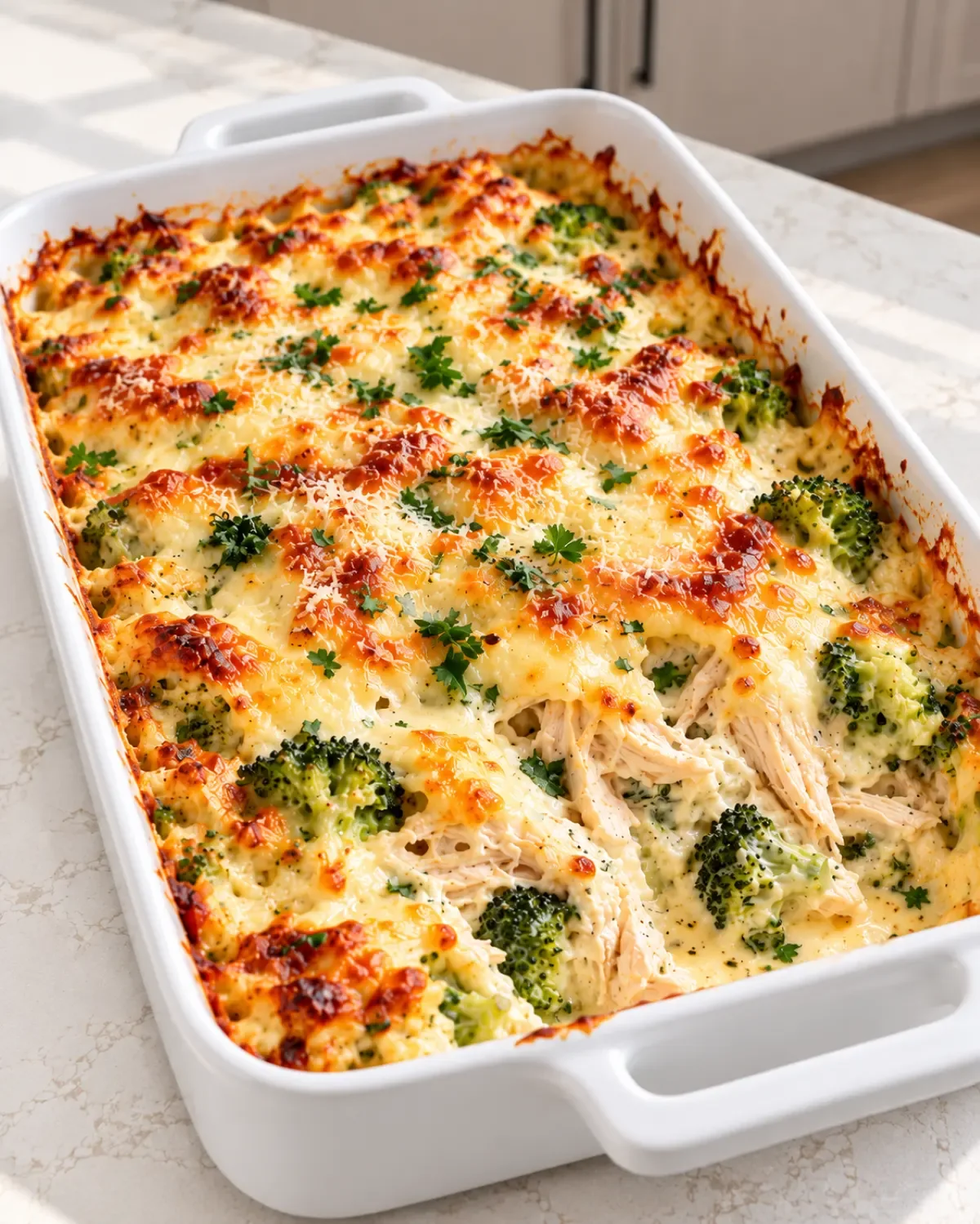 Creamy cottage cheese chicken bake with broccoli, melted mozzarella, Parmesan, and parsley in a white baking dish.