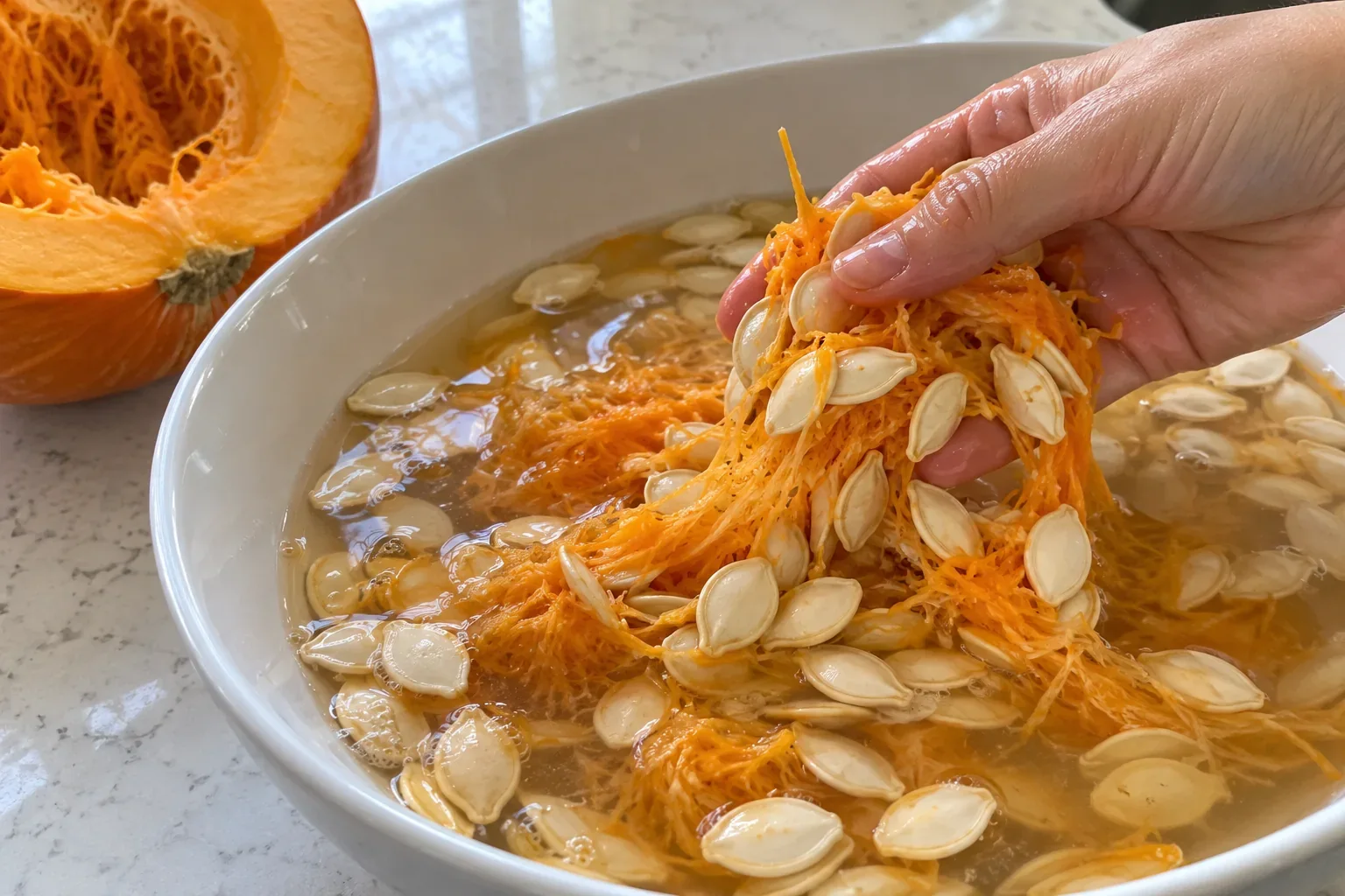Fresh whole pumpkin seeds separated from orange pulp in a white bowl of water