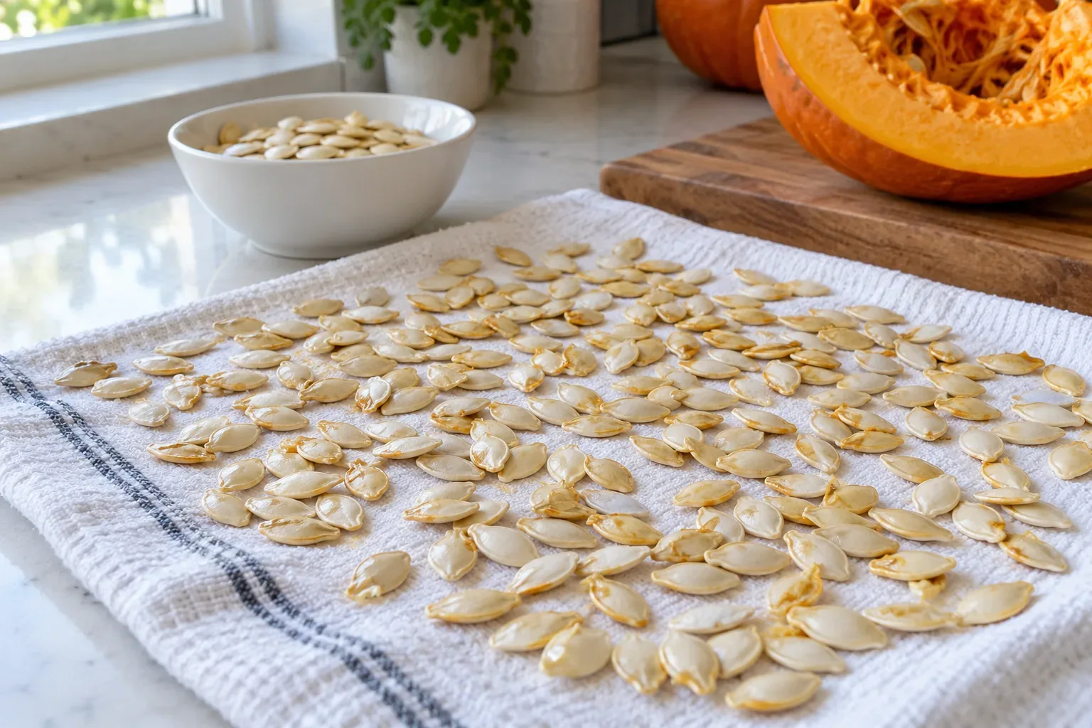 Cleaned whole pumpkin seeds spread across a kitchen towel to dry before roasting