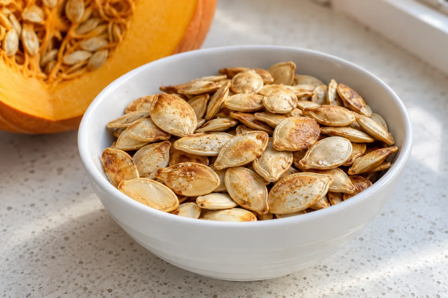Golden roasted whole pumpkin seeds in their shells in a white bowl beside a cut pumpkin