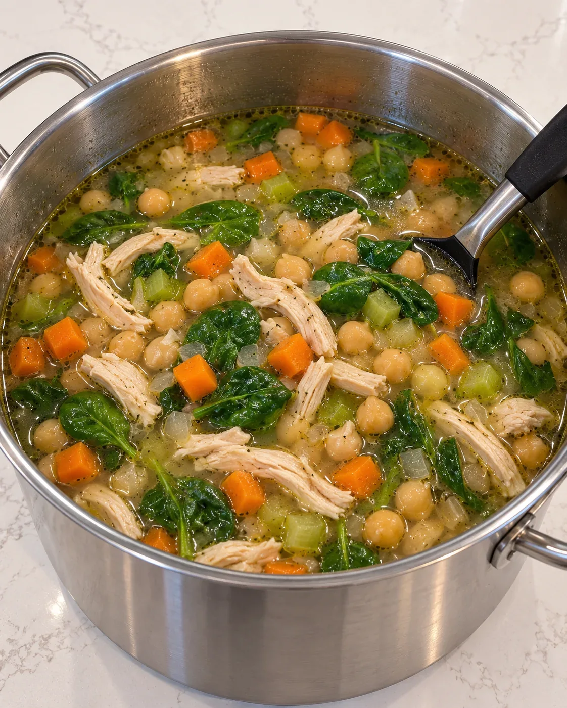 Chicken, chickpeas, carrots, and spinach simmering in broth in a stainless pot