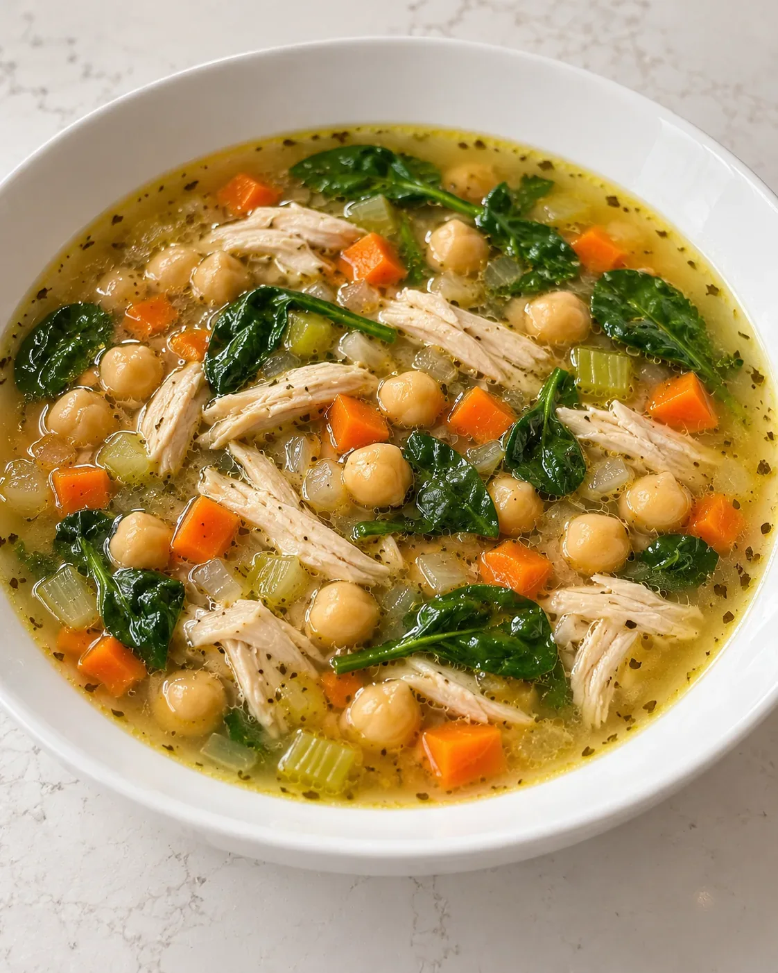 White bowl of Lemon Chicken and Chickpea Soup with chicken, chickpeas, carrots, and spinach