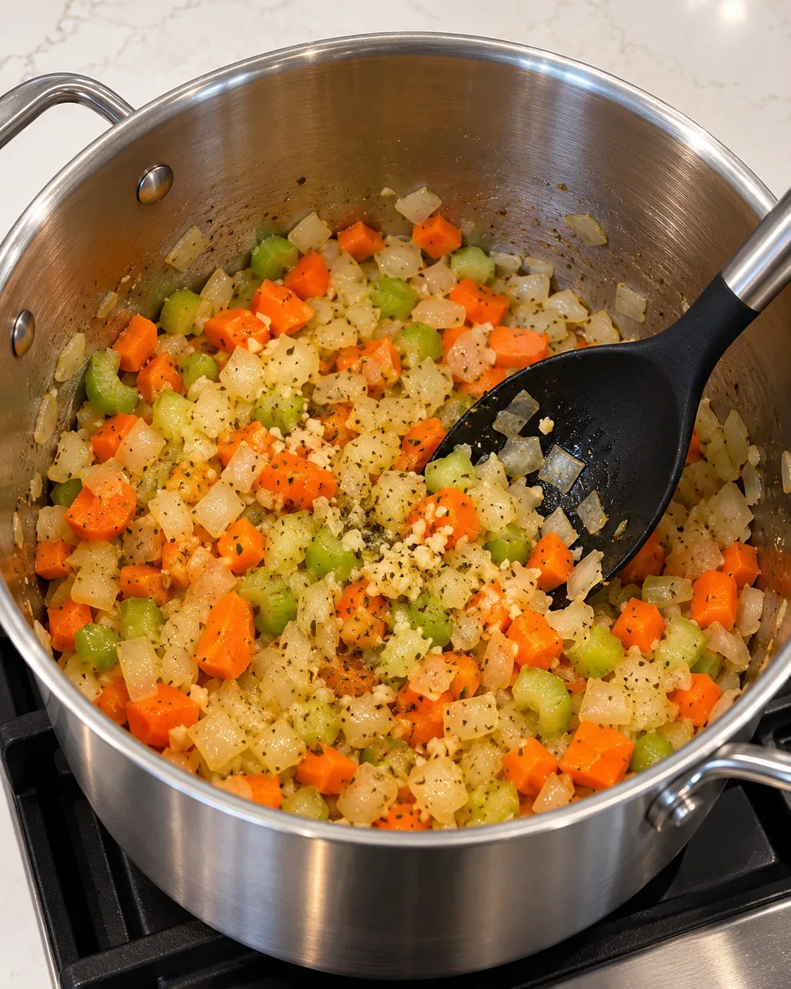 Diced onion, carrots, and celery softening with garlic in a stainless soup pot