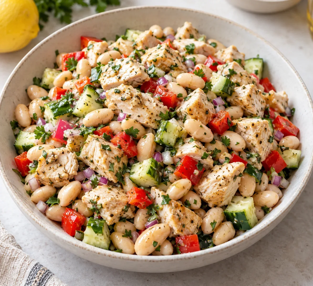 Lemon garlic chicken and cannellini bean salad with cucumber, red pepper, onion, and parsley in a bowl