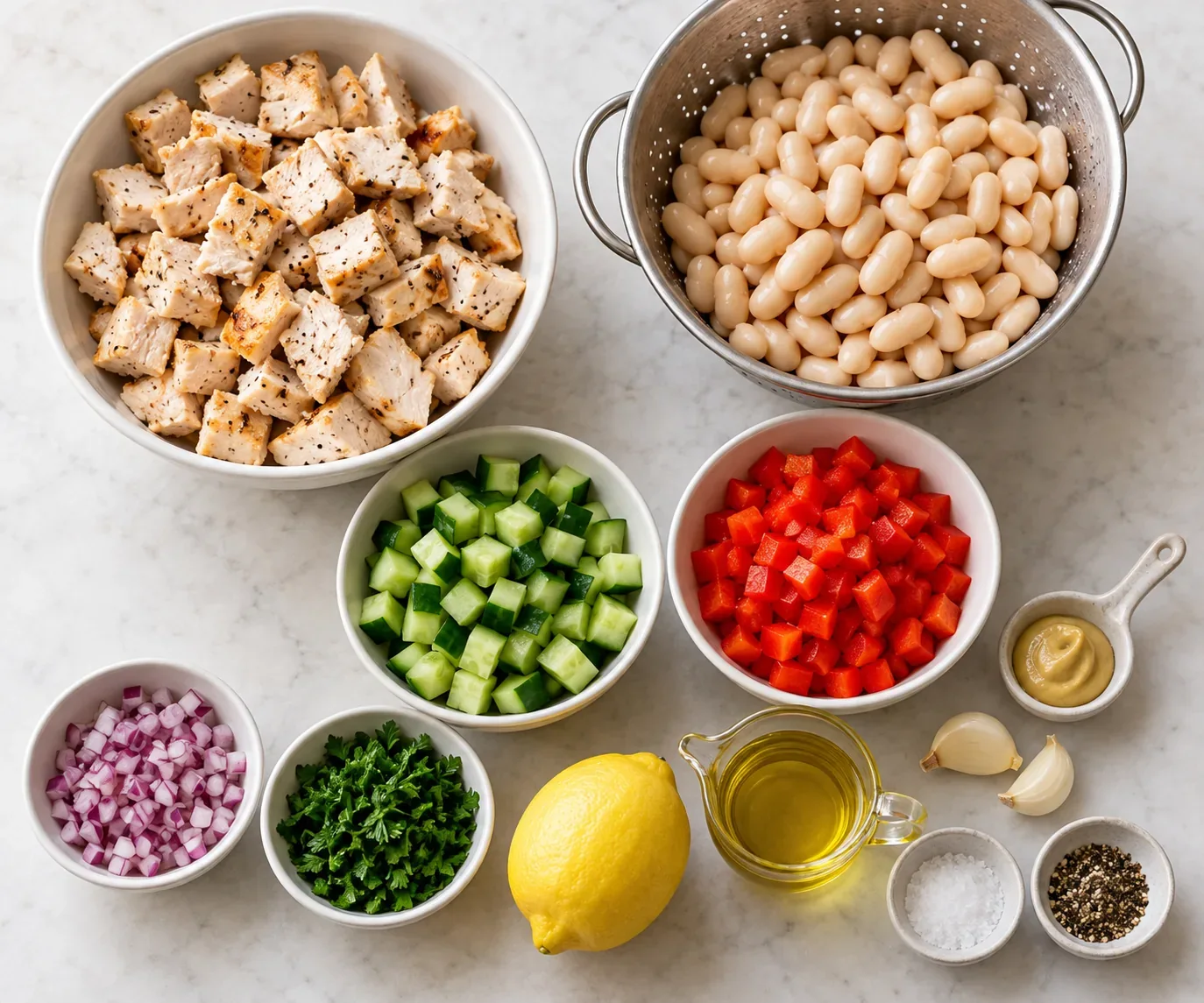 Cooked chicken, drained cannellini beans, chopped vegetables, lemon, garlic, and olive oil for the salad